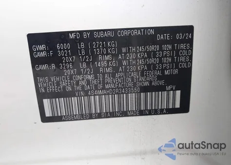 2024 Subaru Ascent Onyx Edition 7-Passenger from USA, damaged, VIN 4S4WMAHD2R3433550